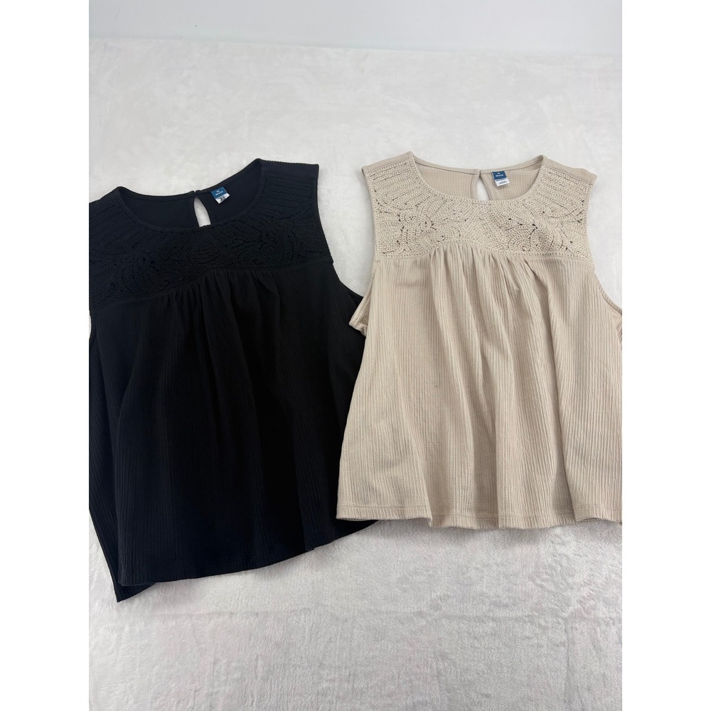 Old Navy Sleeveless Top Womens XL Petite Tank Top Black Beige Crochet Yoke Lot 2